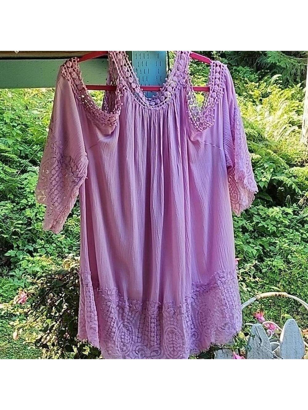 Rain Boho Lace Trim Tunic Blouse Mauve Pink Viscose 2X - Picture 6 of 6